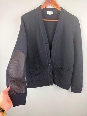 Men’s Club Monaco Black Cardigan with Faux Leather Elbow Patches size Small